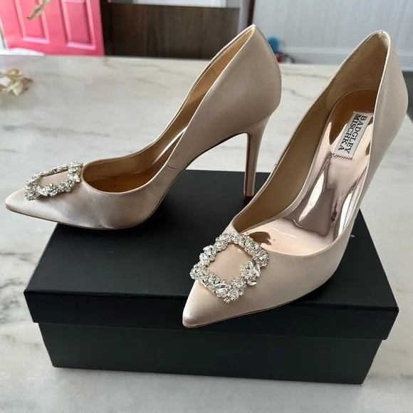 BADGLEY MISCHKA Cher Crystal Buckle Pumps Satin - Picture 8 of 10